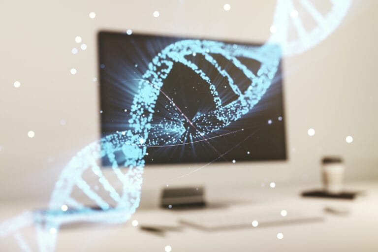 In a modern workspace, a digital representation of a DNA double helix floats above a sleek computer monitor, suggesting a blend of technology and biology. The scene is illuminated with soft, ambient lighting, creating an inspiring atmosphere for scientific discovery.