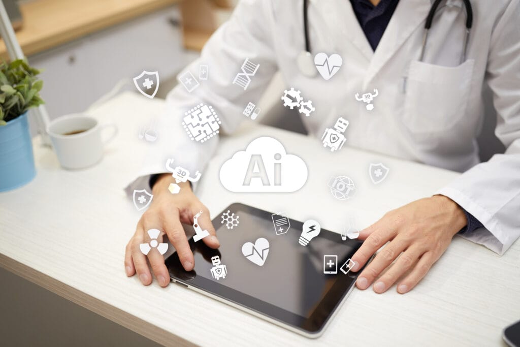 In a modern clinic, a healthcare professional engages with advanced technology, exploring artificial intelligence applications for patient care. Surrounded by symbols of health and wellness, they strive to enhance medical outcomes through digital innovation.