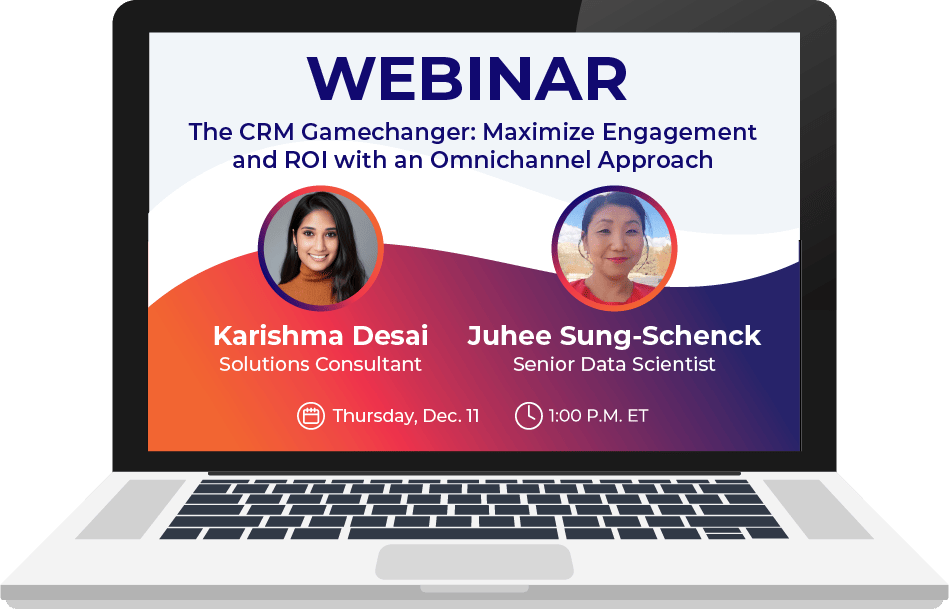 Laptop showing CRM webinar details on screen